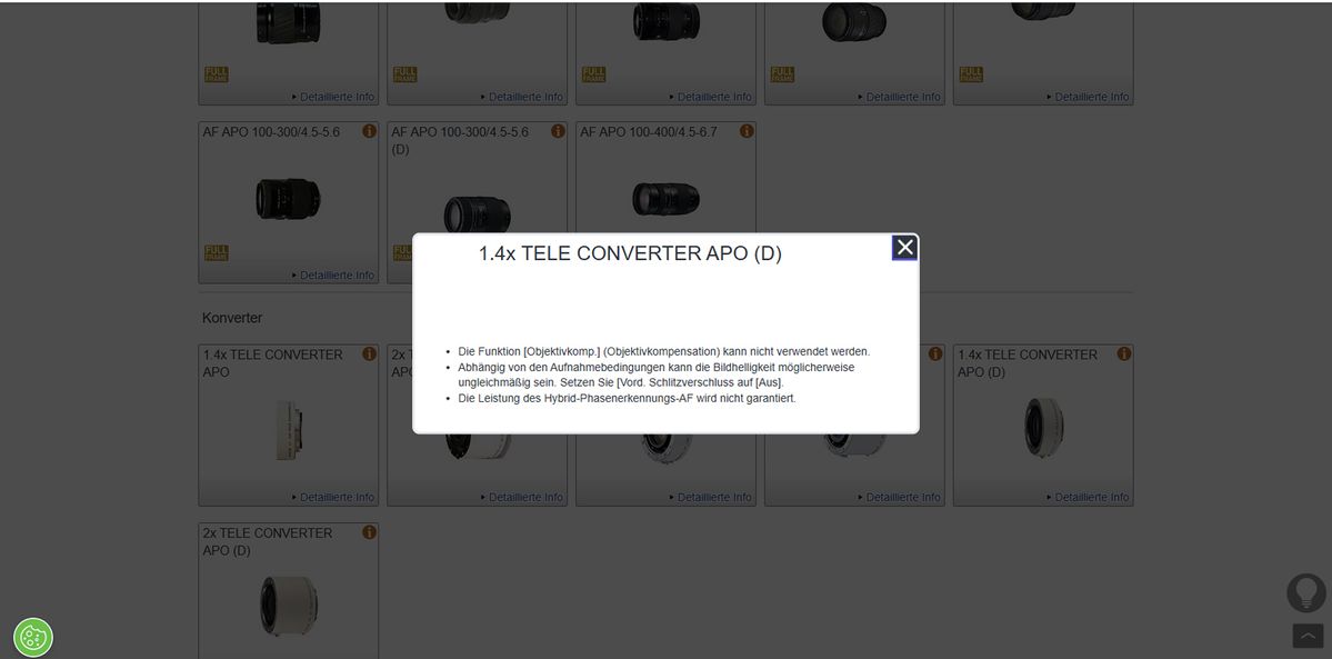 Ein Screenshot zu kompatibel: SAL70400G und 1.4 TELE CONVERTER APO ( D ). Man kann ein Teil der verschwunden Minolta Produkte erkennen.